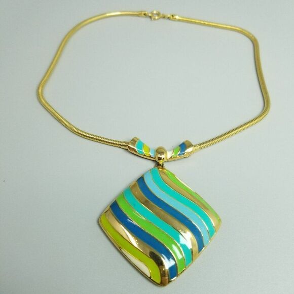 Vintage Blue Green Enamel Square Large Pendant Necklace, Gold Tone Setting - Picture 1 of 7